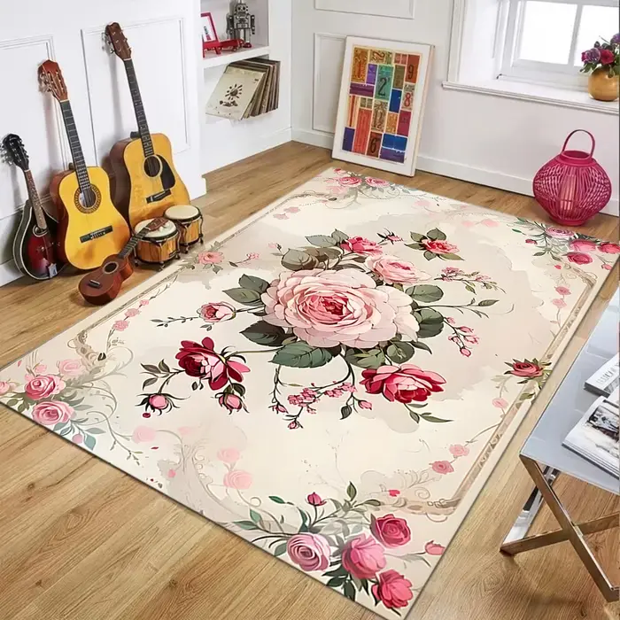 Tapis floral vintage, motif rose, tapis de sol antidérapant, décoration d'intérieur pour salon, chambre à coucher