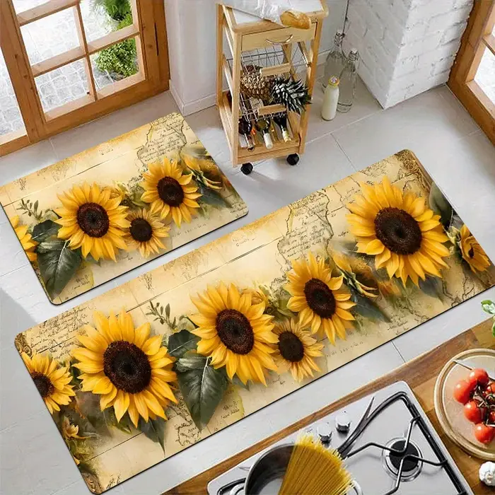 Tapis vintage motif tournesol, décoration intérieure, tapis de cuisine, tapis de couloir long, motif carte rétro, style campagnard, tapis d'intérieur