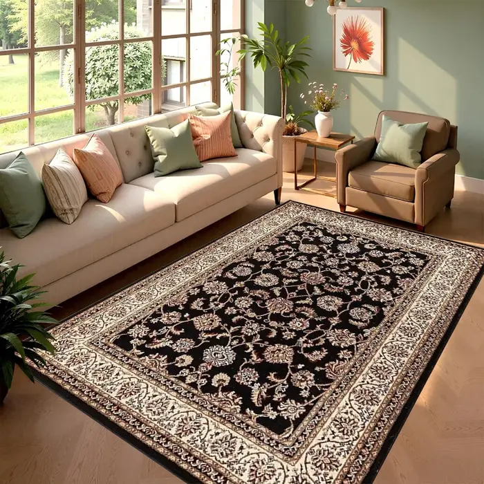 Tapis élégant noir à motifs floraux antidérapant