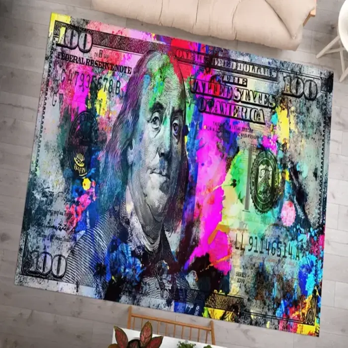 NOUVEAU Tapis de sol antidérapant en polyester motif billet de 100 dollars, tapis décoratif pour sal