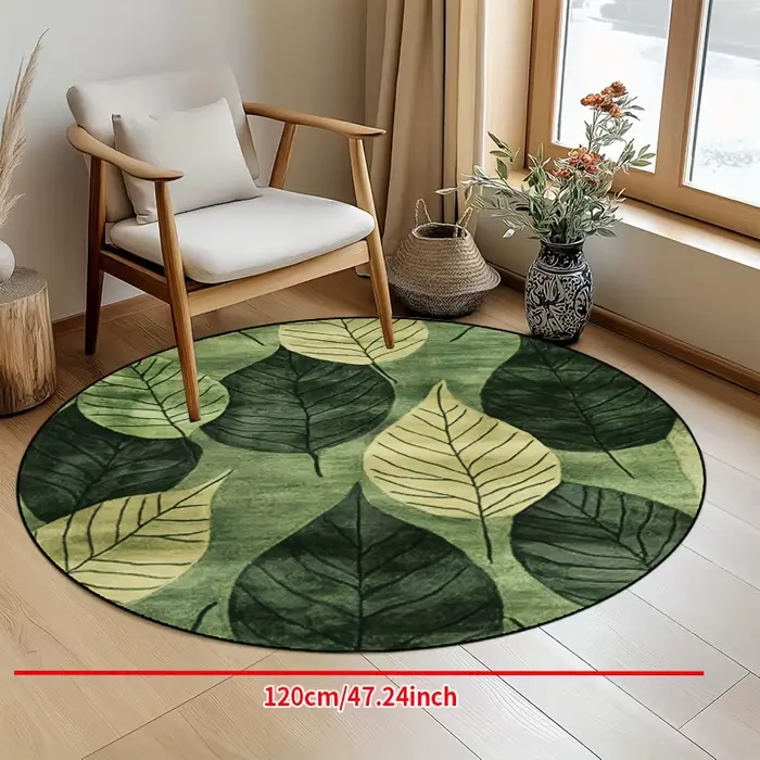 Tapis rond à feuilles vertes tropicales pour salon