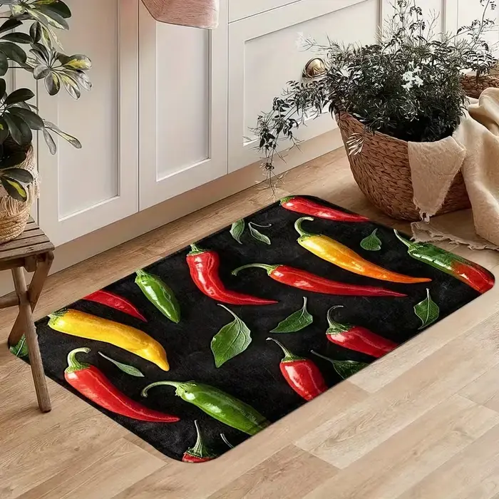 Tapis de cuisine au poivre rouge, vert et jaune, tapis de sol antidérapant en polyester lavable pour