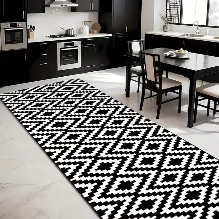 Tapis de course géométriques modernes noirs et dorés avec antidérapant