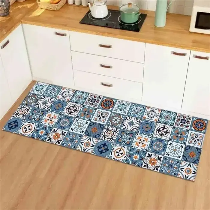 Tapis de cuisine Long avec Collage de carreaux Vintage bleu jaune