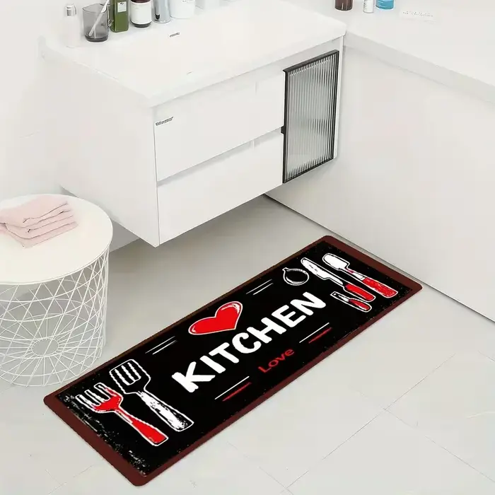 Tapis de cuisine Love avec fourchette cuillère coeur rouge, antidérapant, doux, facile à nettoyer, adapté pour salle de bain, cuisine, chambre à coucher, salon, porche