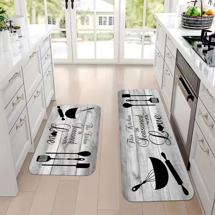 Tapis de lettres de cuisine à grain de bois gris