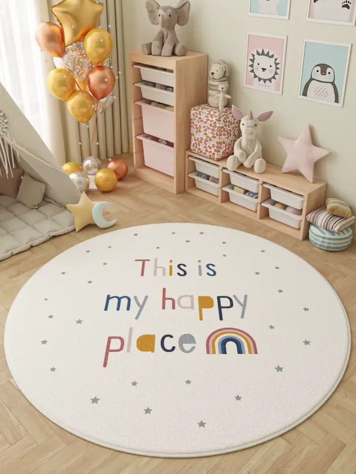 Tapis ronds adorables pour chambre d'enfant, Design Happy Place Sunshine, thème du parc d'alpaga end