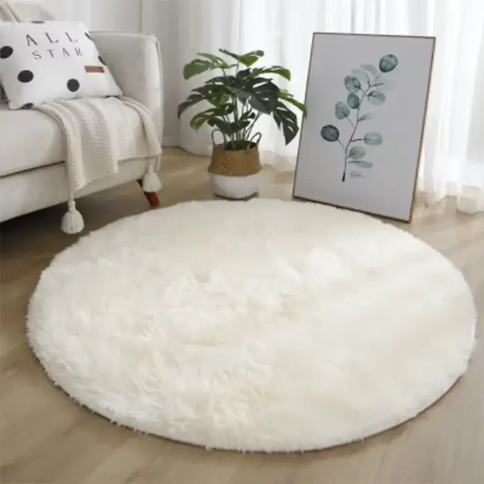 Tapis rond en peluche, tapis blanc moelleux pour salon