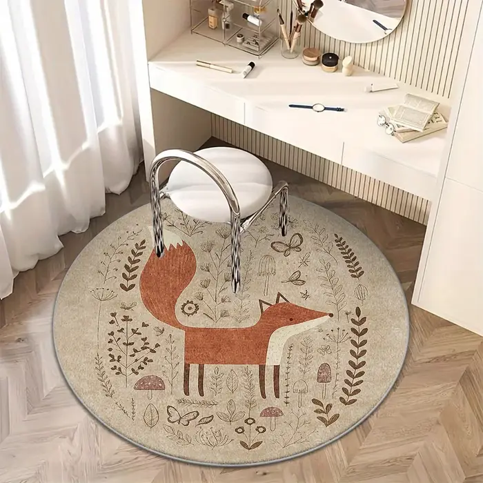Tapis rond rustique en polyester doux motif renard des bois, tapis de sol bohème pour chambre d'enfant, tapis décoratif style forêt bohème