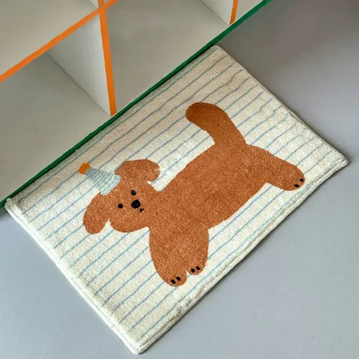 Tapis de salle de bain antidérapant en polaire à rayures avec motif chiot