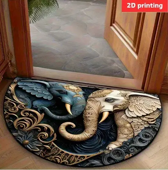 Tapis de porte demi-rond de luxe motif léopard doré, cadre chaîne noir et or, imprimé animal, antidé