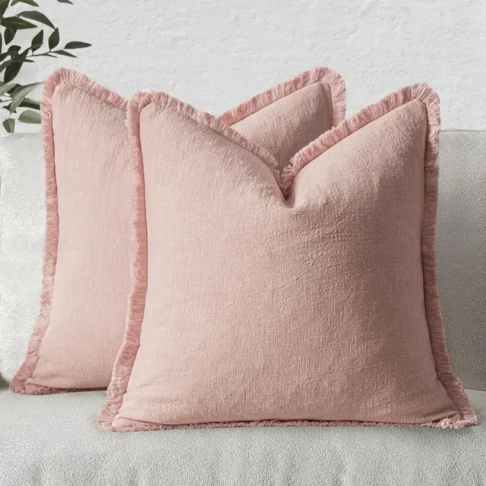 Housse de coussin lombaire décorative en lin vert olive avec franges et pompons