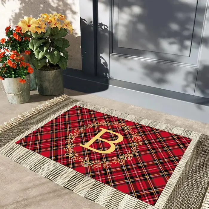Tapis de porte personnalisé en Tartan de noël, nom de famille personnalisé, couronne de feuilles ini