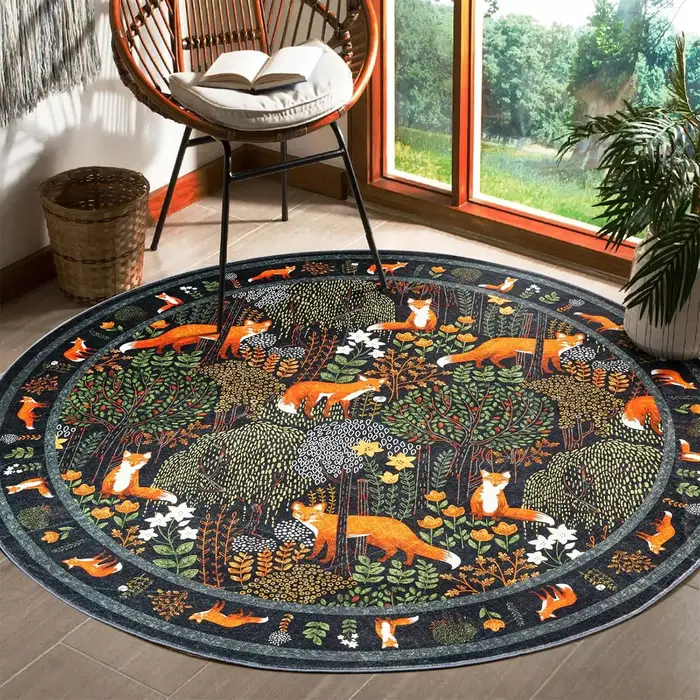 Tapis rond Forêt des Renards avec Renards Roux Oranges