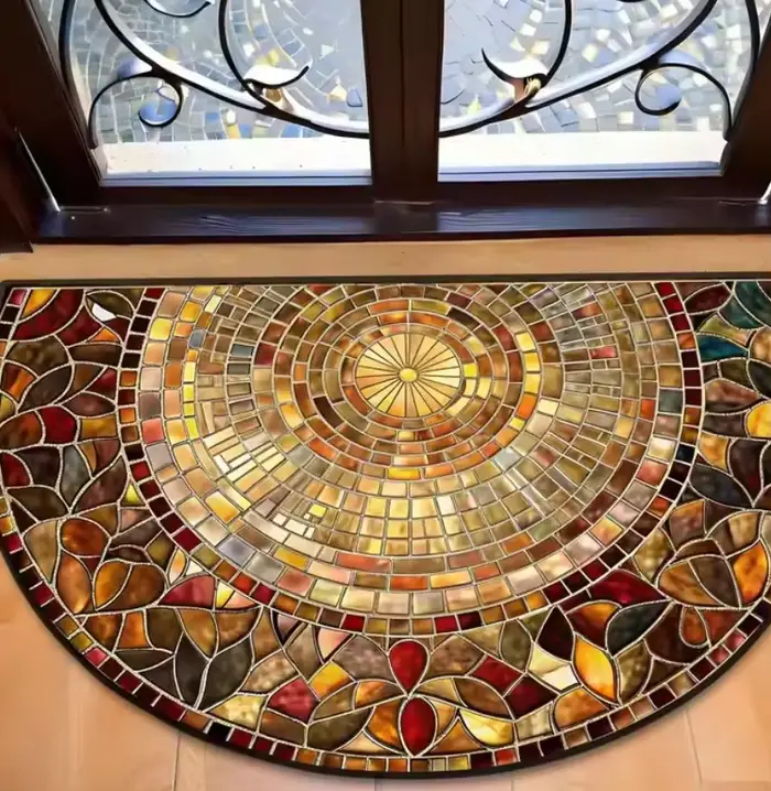 Tapis demi-rond mosaïque soleil chaud lavable pour entrée