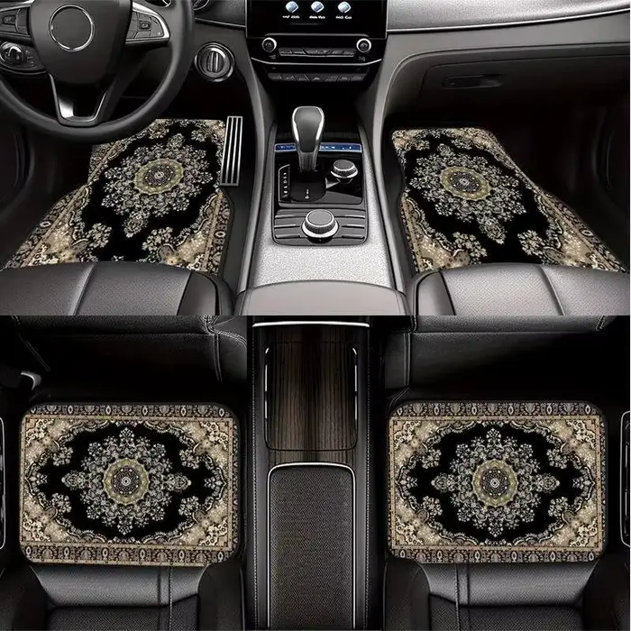 Tapis de sol de voiture style persan noir beige, 4 pièces, motif rétro, tapis antidérapants pour auto