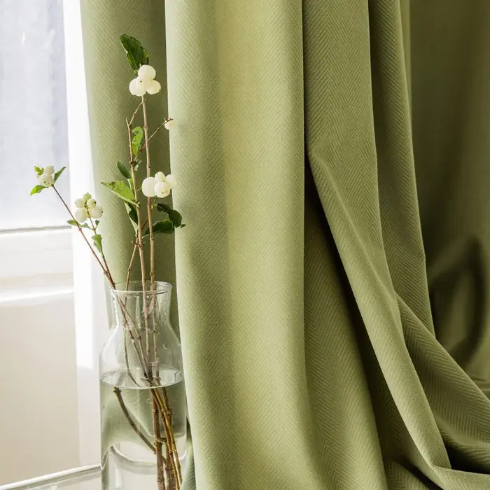 Voilage occultant en velours isolant vert matcha à texture chevrons nordique pour salon