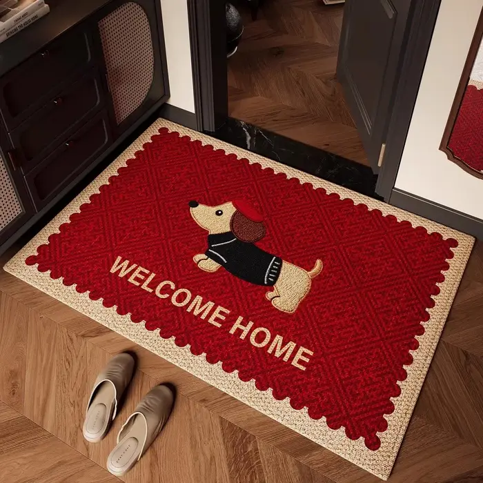 Tapis de bienvenue pour la maison, décoration d'intérieur, motif de chien teckel, rouge beige, style