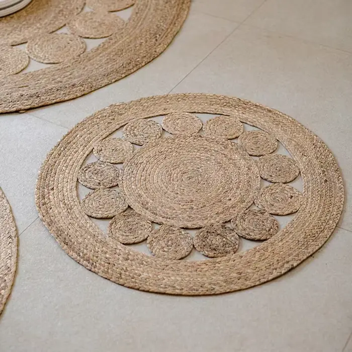 Tapis Rond Tissé en Polymère et Rotin Naturel