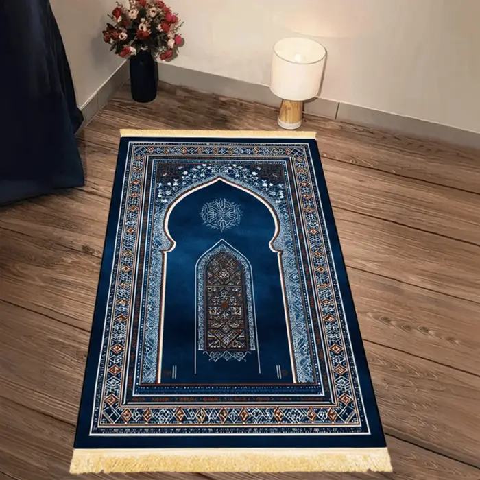 Tapis de prière islamique géométrique bleu marine en polyester
