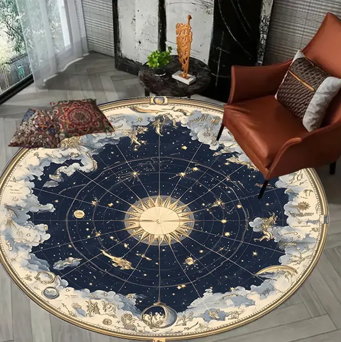 Tapis circulaire imprimé ciel étoilé, motif étoile lune, boussole de rêve, décoration de salon et de chambre à coucher