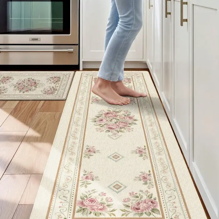 Tapis de couloir en feutre vintage vert rose à motif floral