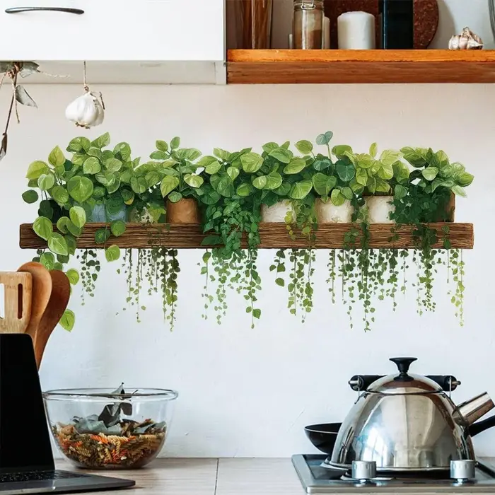 Autocollants muraux en forme de panier suspendu avec plantes vertes pour la décoration du salon