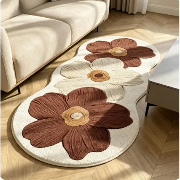Tapis de sol floral de style nordique, bleu et beige, tapis moelleux à motifs floraux, tapis décoratif pour chambre à coucher, chambre de fille, décoration intérieure