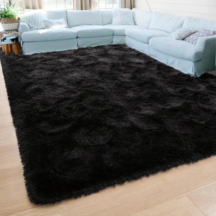 VIKAMA – tapis moderne en laine et soie noire, doux et moelleux, pour salon et chambre à coucher, co