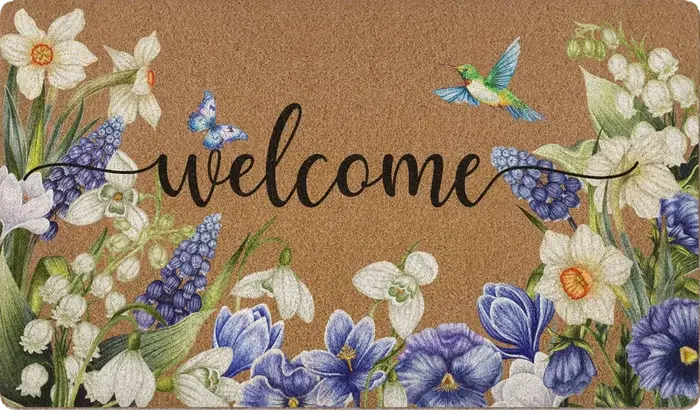 Paillasson coloré à motif floral HELLO, antidérapant, motif fleurs de printemps, tapis de bienvenue 