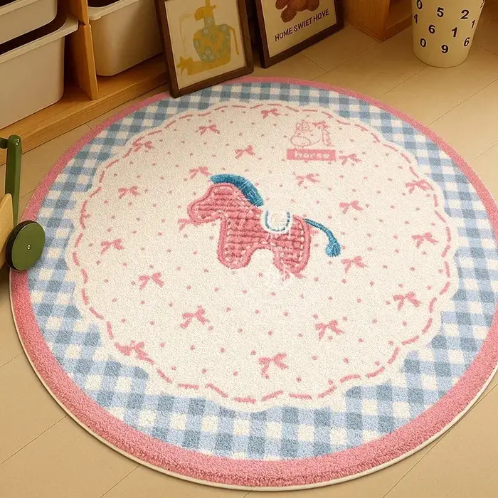Tapis rond antidérapant VIKAMA Kawaii rose avec bordure à carreaux bleus pour la décoration de la ch