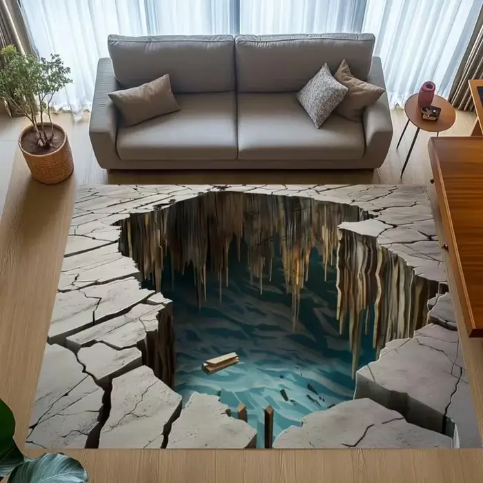 Tapis de sol 3D effet fissures pour salon ou bureau – Décoration moderne unique qui ajoute de la pro