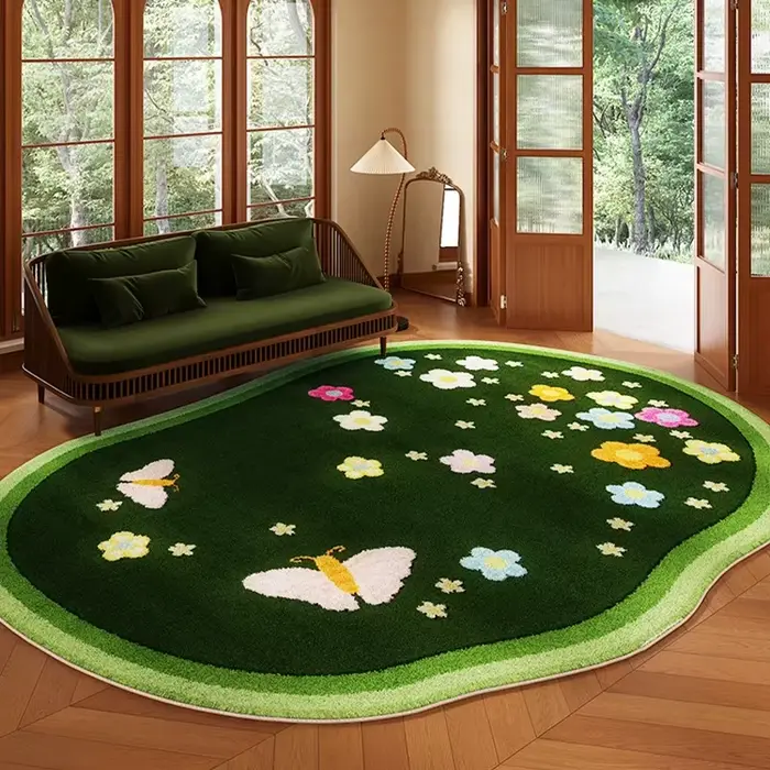Tapis de salon vert irrégulier court en velours