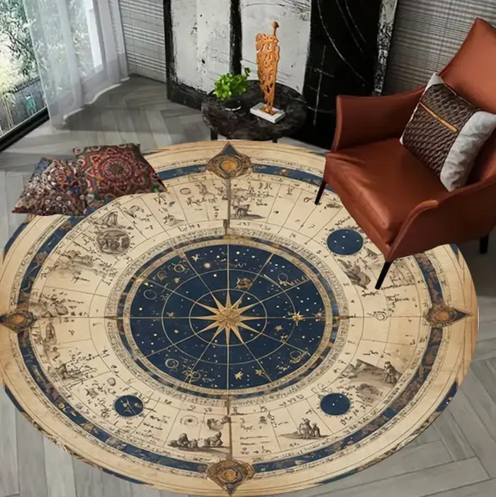 Tapis circulaire imprimé ciel étoilé, motif étoile lune, boussole de rêve, décoration de salon et de chambre à coucher