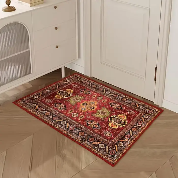 VIKAMA Tapis de sol rouge de style ethnique vintage – Tapis de porte d'entrée durable et antidérapant pour tapis de sol de cuisine et décoration de la maison