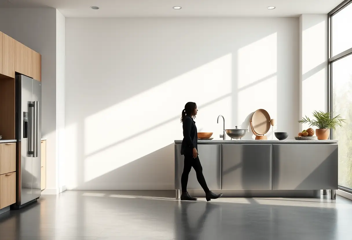 Une silhouette se tient près d'un buffet en acier inoxydable dans une grande cuisine