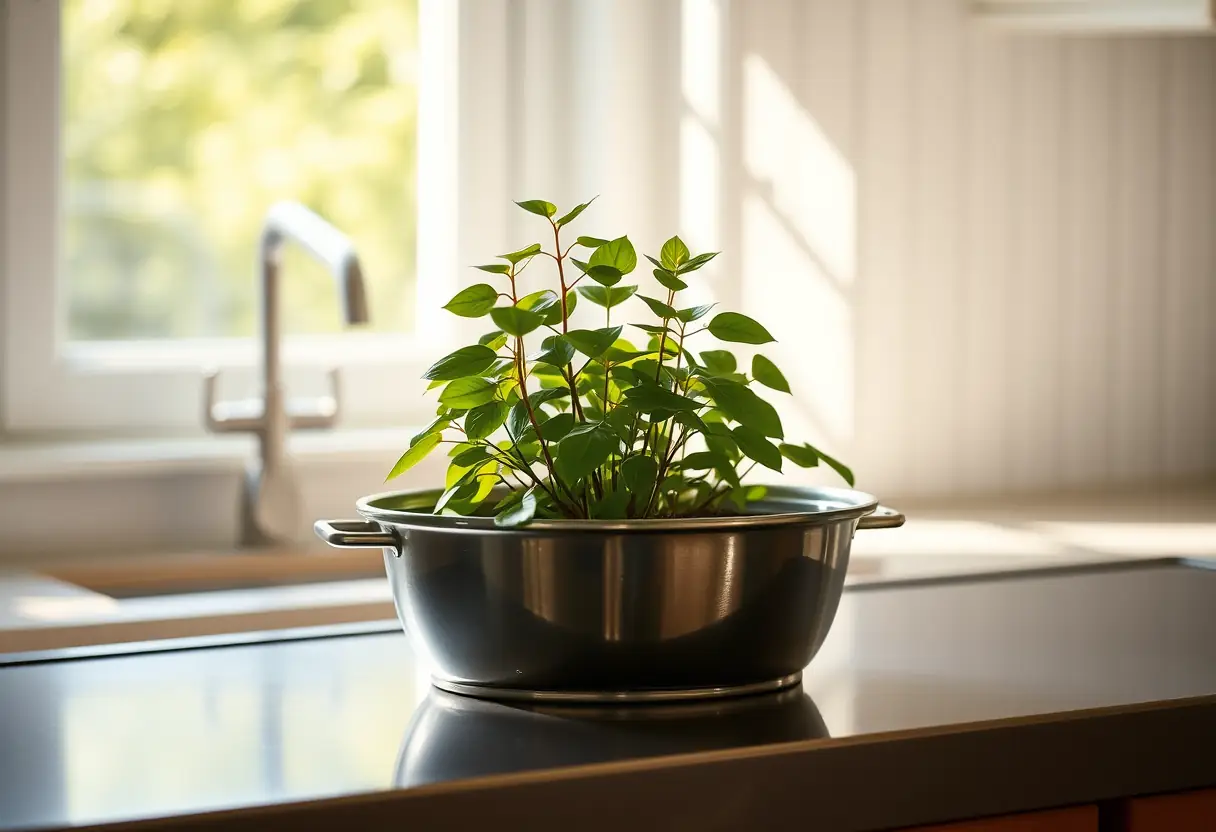 Un meuble ovale de cuisine avec une plante verte