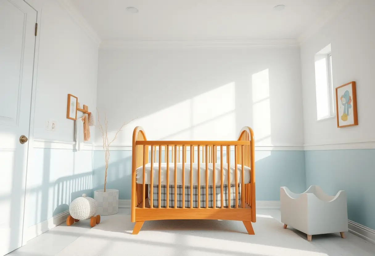 Chambre de bébé avec un berceau en bois entouré de murs peints en bleu clair et blanc, créant une ambiance sereine