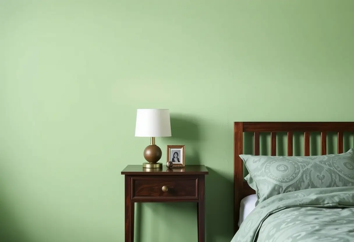 Un mur vert pâle contrastant avec une table de nuit en bois foncé dans une chambre