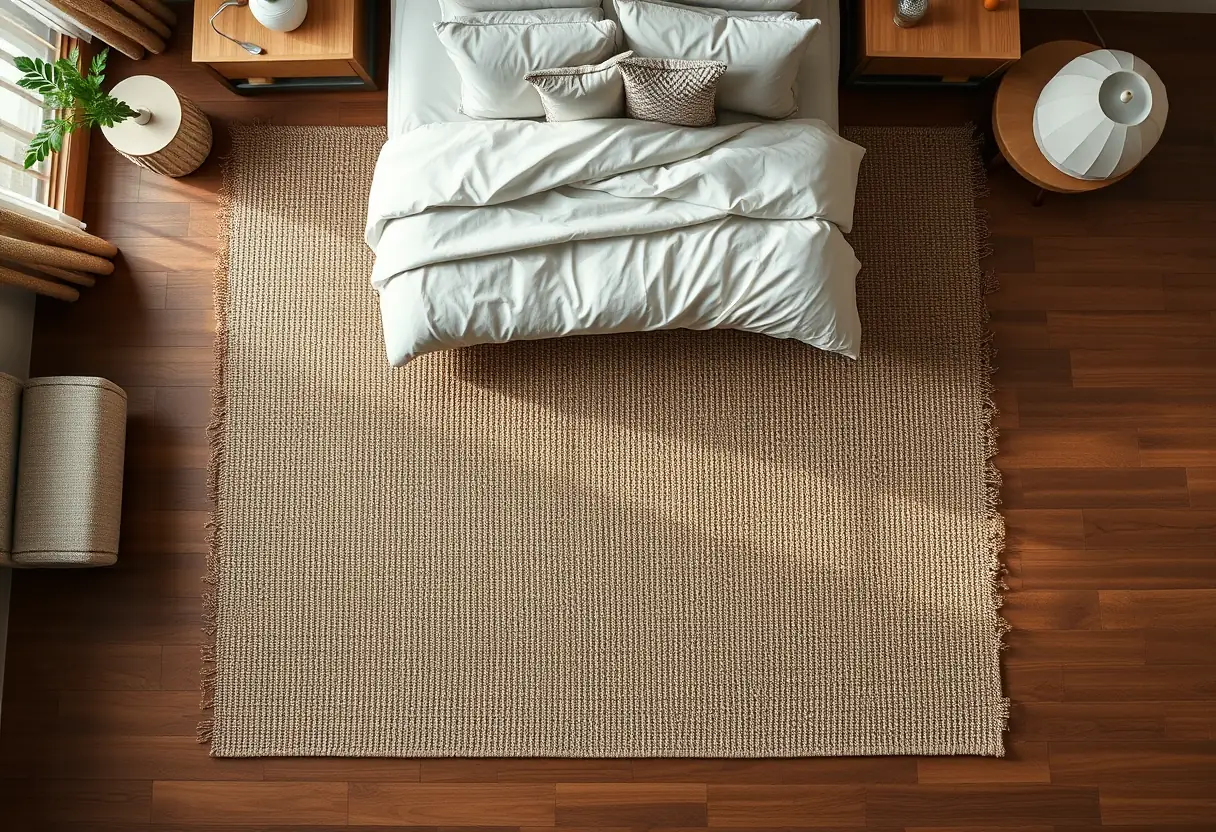 Tapis rectangulaire sous un lit king size