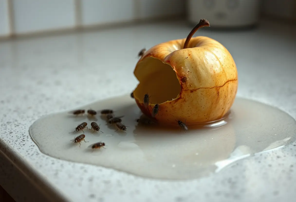 Moucherons pondant sur un morceau d'apple pourri