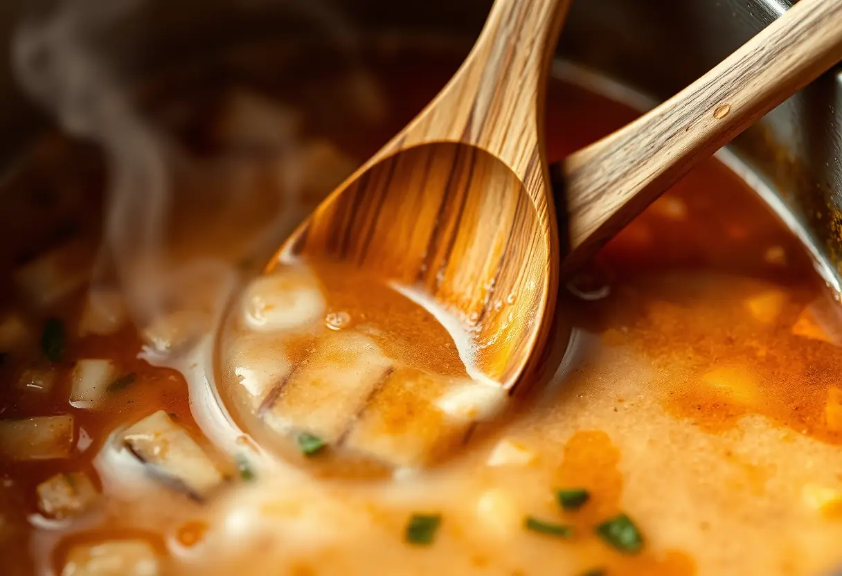 Un fouet en bois remue une soupe chaude, lumière naturelle