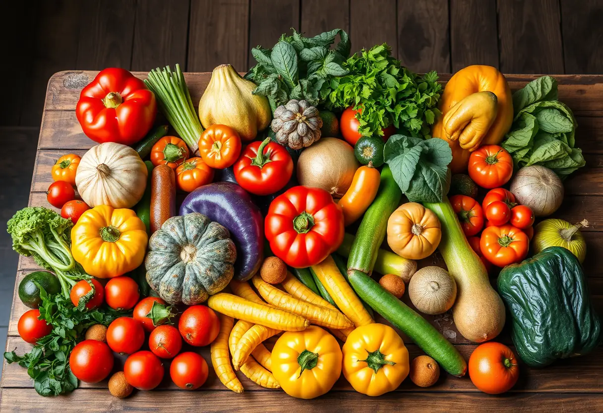 Table rustique chargée de légumes et fruits frais, cuisine campagne