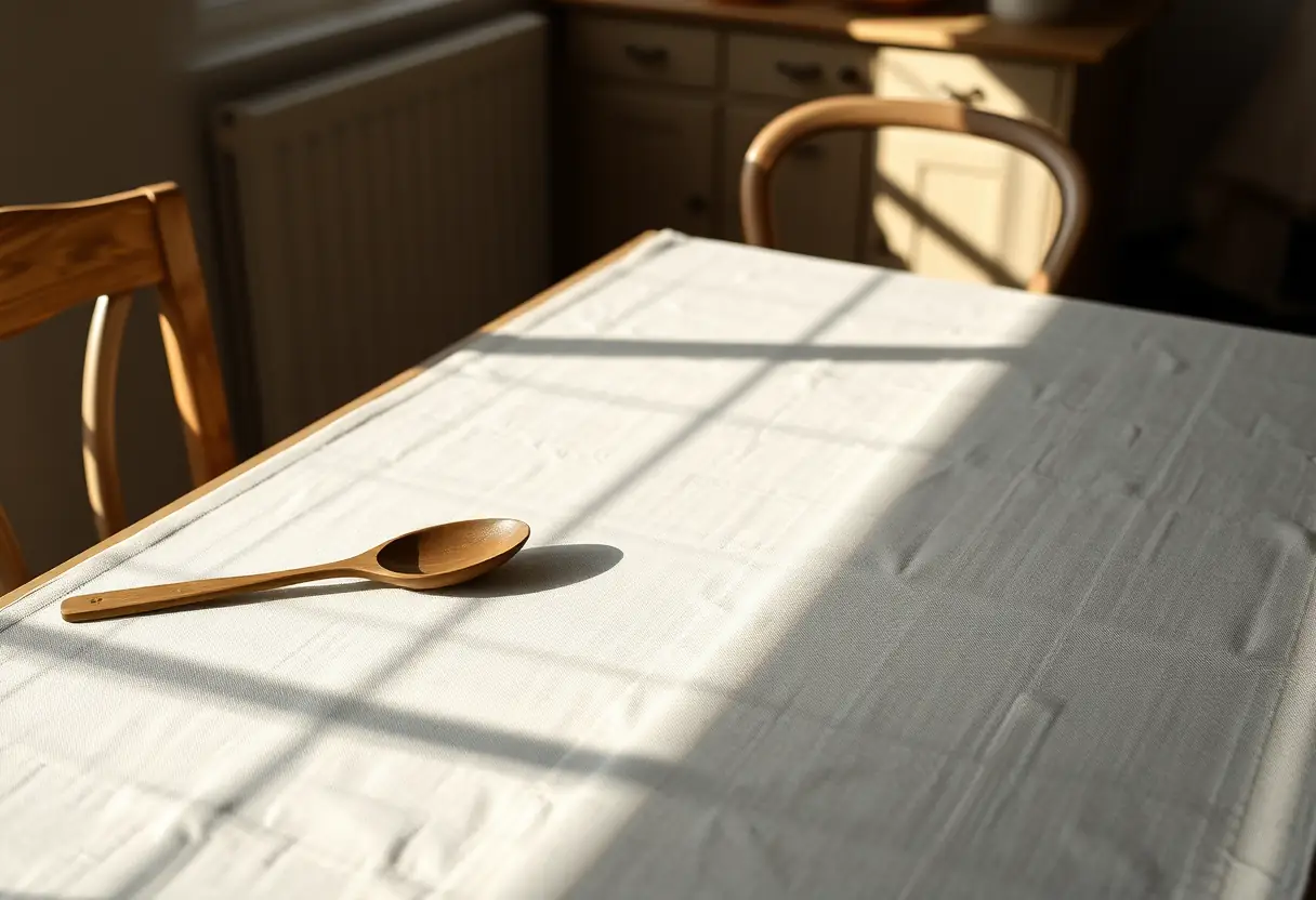 Une cuillère en bois repose sur une nappe en lin tissée à la main posée sur une table de ferme