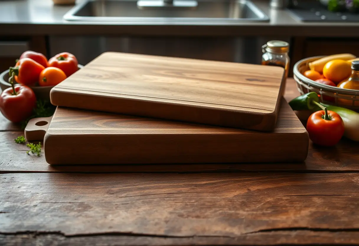 Planche à découper en bois sur table de cuisine rustique