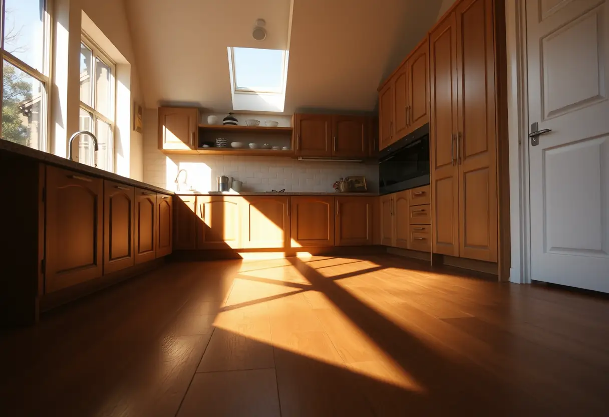 Une ombre s'étend sur le sol de la cuisine sous la lumière du soleil après-midi passant à travers une verrière