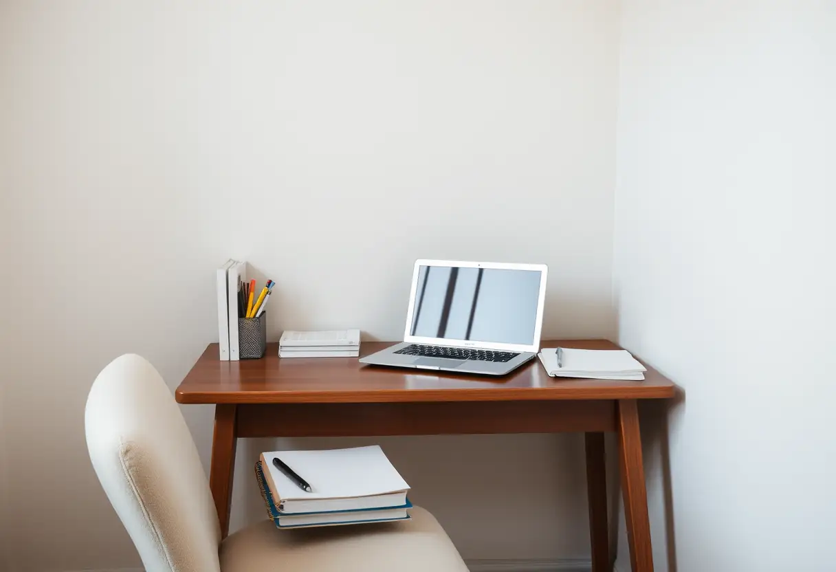 Un bureau simple avec un ordinateur portable, entouré d'outils de travail et d'étude