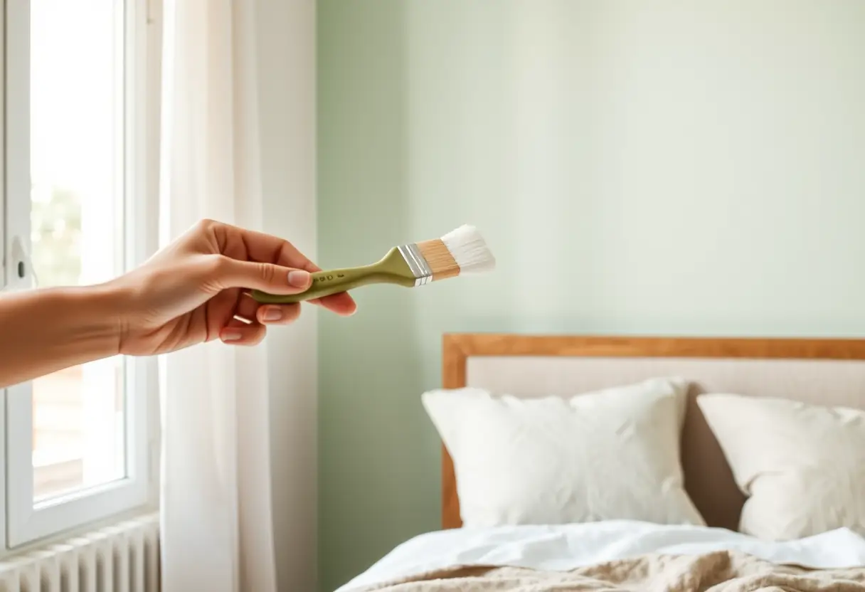 Main d'artiste retouchant un mur peint en vert pâle dans une chambre à coucher