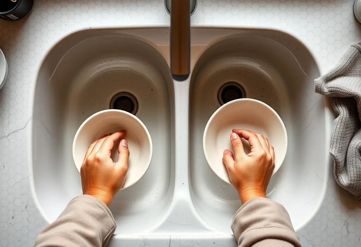 Des mains nettoient délicatement des vaisselles dans un évier double bac en céramique