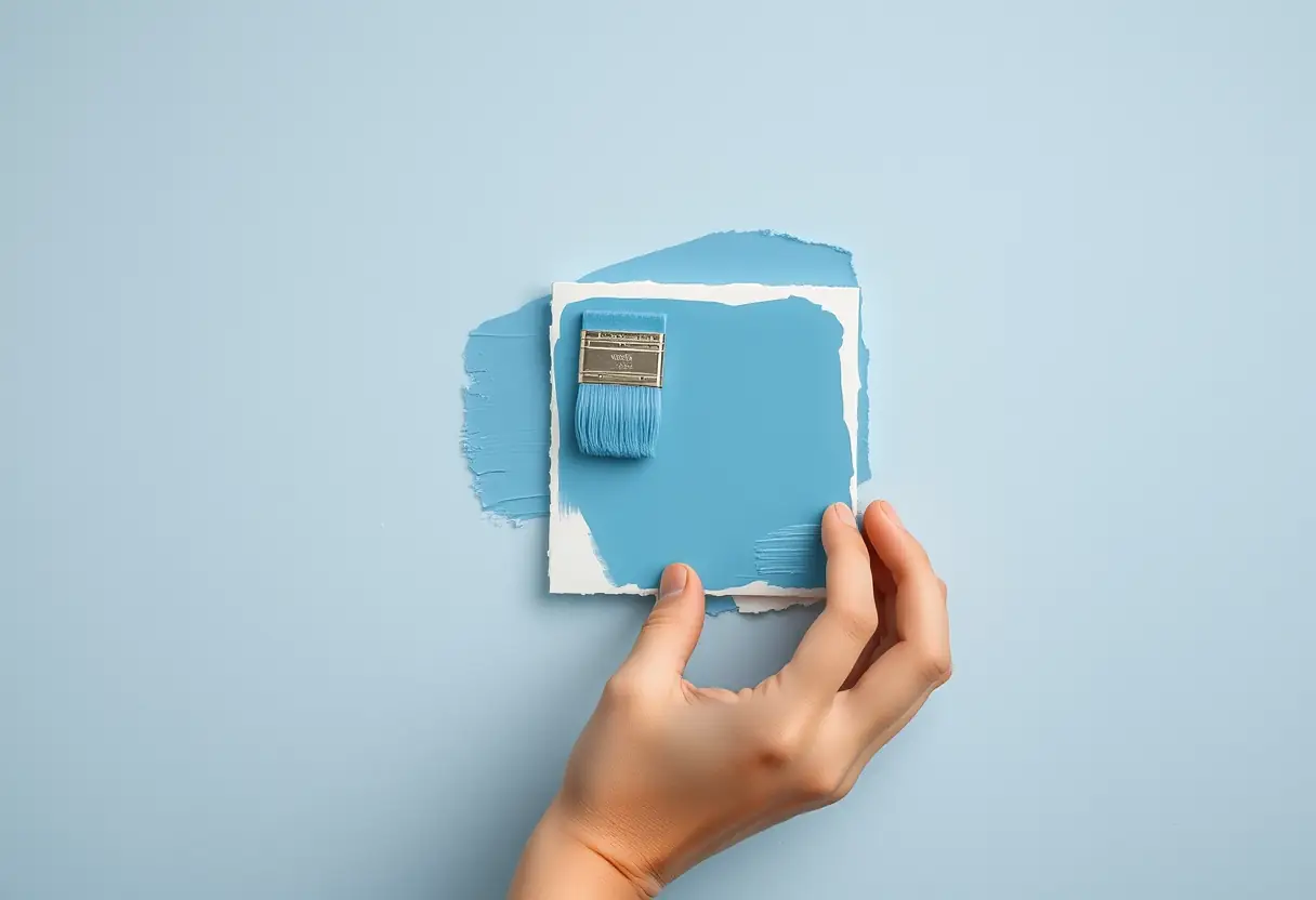 Une main teste une teinte bleue sur un échantillon de plâtre dans une chambre